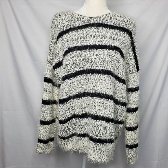 CALVIN KLEIN sweater‎ birch black striped chenille fuzzy M - Picture 2 of 8